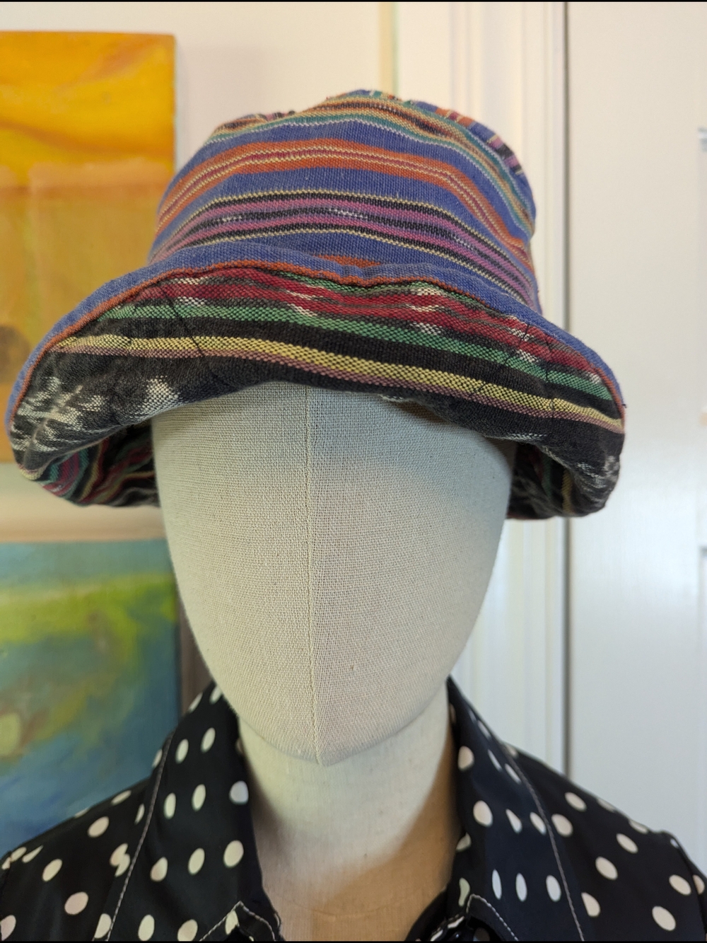 Vintage 1990s Reversible Bucket Hat - Multicolored Ikat Fabric